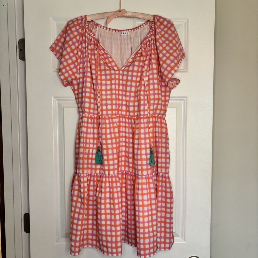 Thml Women’s Pink Gigi Mini Dress Tiered With Tassels Gingham Size Medium